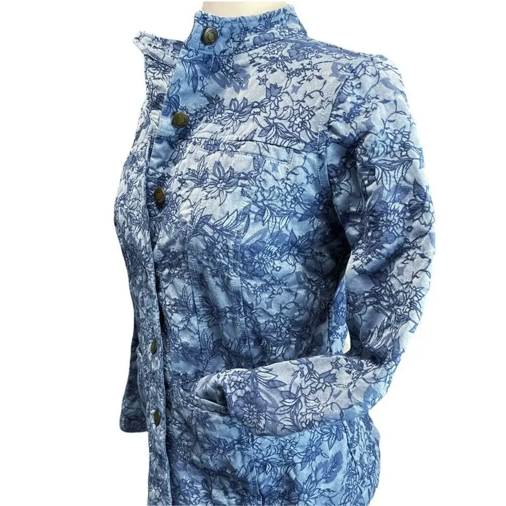Kim Rogers Blue Floral Quilted Jacquard Button-Front Jacket Sz PM Cotton Blend - Picture 6 of 14